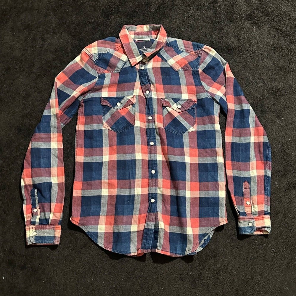 American Eagle Shirt Womens Extra Small Boyfriend Plaid Red Blue Snap Flannel